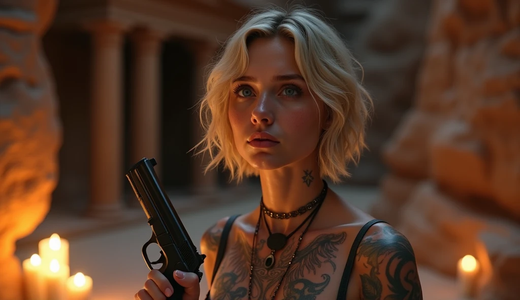 tatuados,Very beautiful big breasts、Very large bust、Gazing into the distance、(Dark Suit)(Holding a pistol),(Many tattoos on both arms and neck)、 (Petra(jordan) - Ancient ruins carved into the rocks),Candlelight only,Very detailed, 18-year-old, A beautiful woman,Depressed face, Blonde Hair,Short Wavy Hair, blue eyes, High resolution, masterpiece, Highest quality, Intricate details, Very detailed, Clear focus, Delicate skin, practical skin texture, texture, Delicate eyes, Professional, 8k, Sad face,despair、 Shot with Canon, 85mm, Shallow and deep, Kodak Vision Color, Exactly, Very detailed, photograph_\(Extremist\), photographpractical, practical, Post-processing, Maximum details, Roughness, Real Life, Extremist practical, Photorealism, photographgraphy, 8k ウルトラ HD, photographgraphy