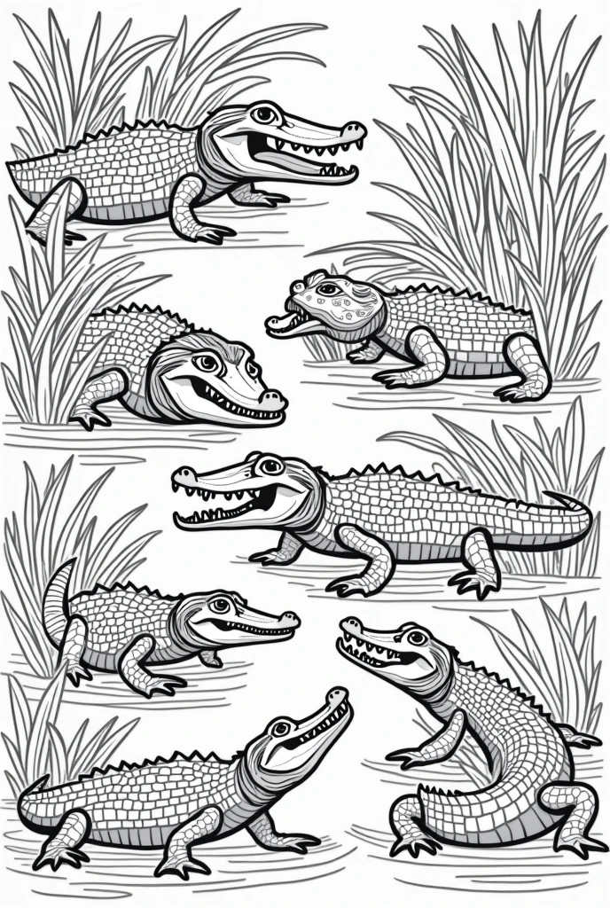 Generate a series of black and white illustrations suitable for coloring books, featuring animals from the Amazon rainforest. alligators
