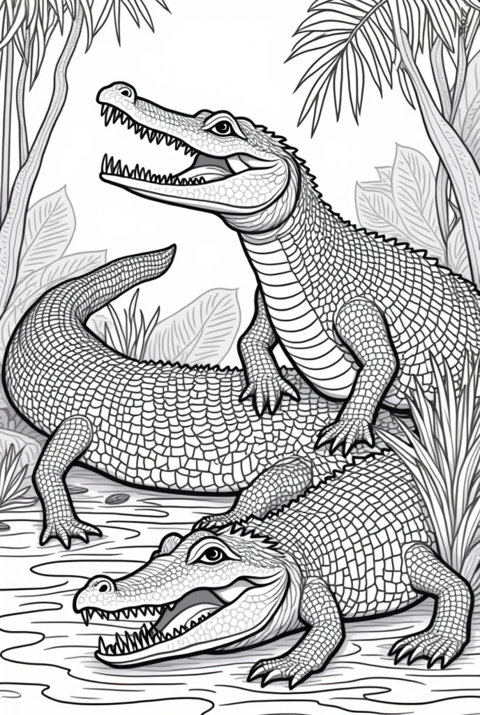 Generate a series of black and white illustrations suitable for coloring books, featuring animals from the Amazon rainforest. alligators