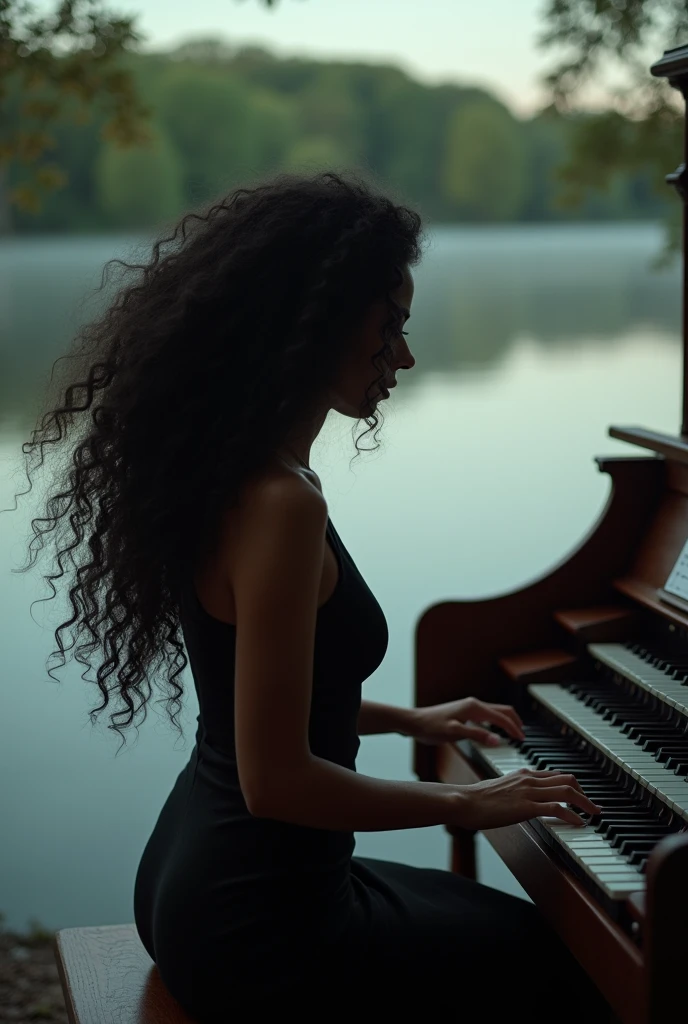 Profile photo of a woman&#39;s silhouette from behind with long black curly hair, playing organ in the nature lake