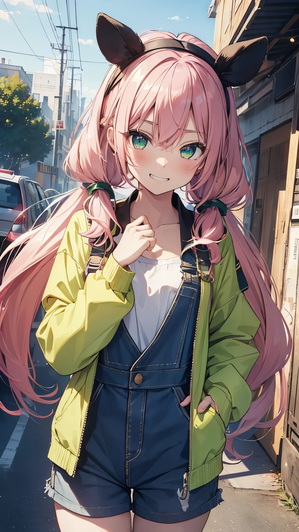 1girl,grin,top-quality,Top image quality,in 8K,4K,masterpiece,ultra-detailliert,Beautiful、ultra-quality, best quality,high resolution, ultra-detailed,game cg,dutch angle ,beautiful detailed eyes, visualart,five fingers, perfect hands,beautiful girl,BREAK,(chibi:1.2),slender,(flat chest),long hair,pink hair,(half twintails),emerald green eyes,(Rabbit ear hair bands),(stadium jacket,Overalls),blush,