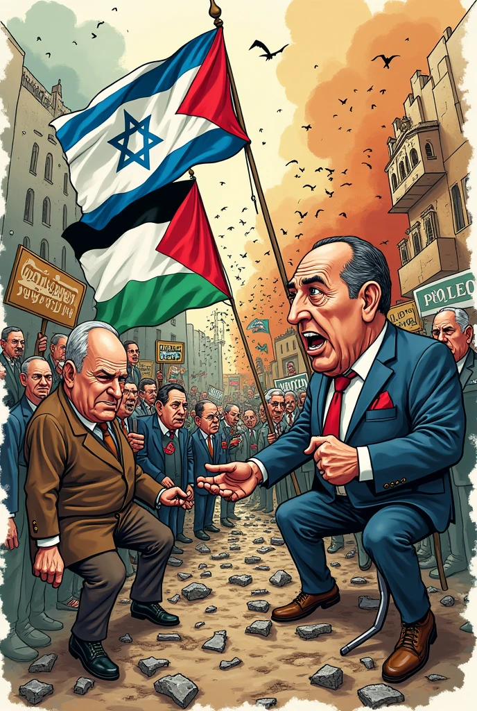 You need to act like a tenth grade student and you have to make a drawing that represents what is currently happening and what you interpret in the conflict between Palestine and Israel., that it is very creative and cartoonish that you have a lot of variety and creativity, that it is chaotic and represents what is currently happening there