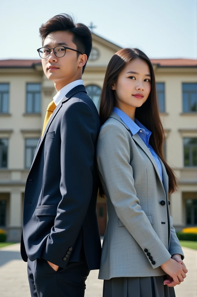 two high school students standing straight in front of the school building, they stand back to back. the male is wearing a white shirt and a dark blue blazer, a gold tie, black pants. the female is wearing a light blue shirt, a light gray blazer, and a dark gray skirt.