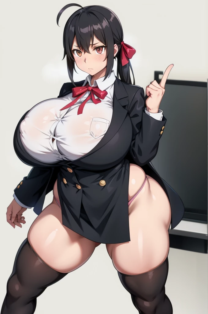 One Woman,Precise five fingers、Two long, accurate legs、Long Hair、Knee-high socks、Wide Hips、plump and thick thighs、Huge Ass、Huge breasts, Embarrassed look、Full Body Shot、Sexy pose、panties、White background、 Oily, shiny skin,woman、Ahoge, Hair Ribbon, school uniform, Neck ribbon, Collared shirt, blazer, Black jacket, Long sleeve, Checked skirt,Yukinoshita Yukino