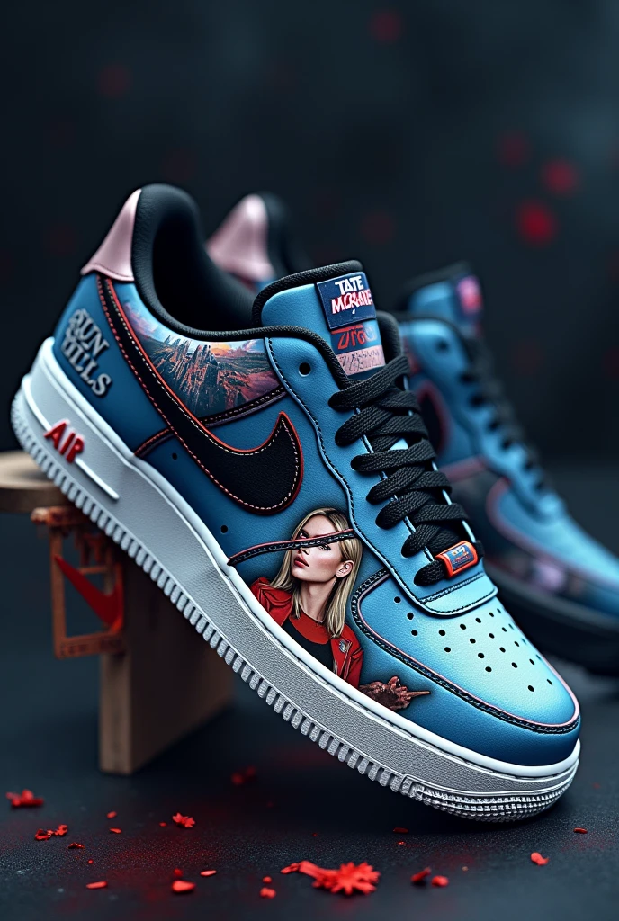 design for me an air force 1 show. Make it a Tate mcrae ( the singer) theme from the video run for the hills on youtube design colored by dark blue, white, black and red with the text: run for the hills. I want another text: T8.