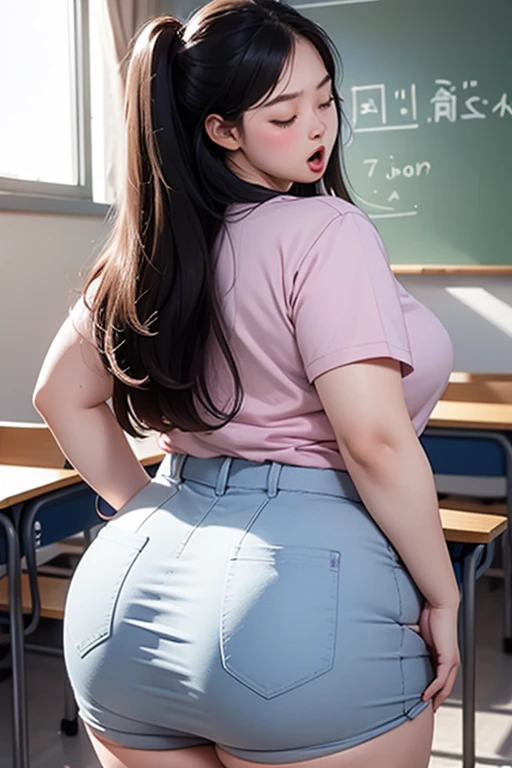 Sexy bbw girl standing in classroom wearing middle school uniform, Close your eyes, sweat and look miserable, Open your mouth and stick your tongue out, Emphasize huge butt