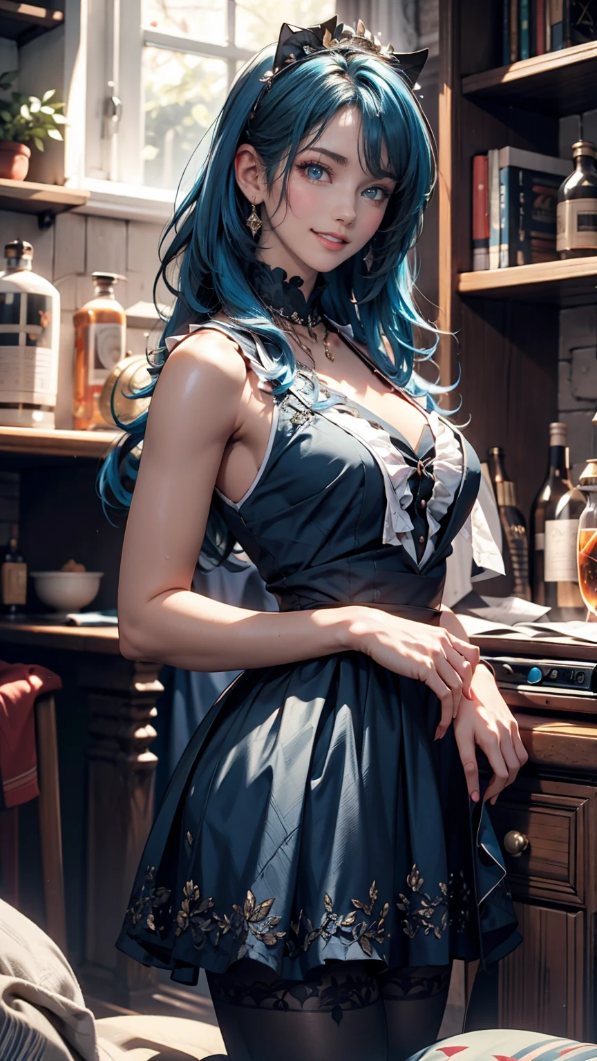 highly detailed, 8k, masterpiece, One person, Blue frills_hair_tube, dress, bend_that&#39;s all , Grin, (perfection_face), Sitting, machine, Brilliant, Complex, Dramatic lighting, 4K, detailed_background, Caustics, full_body, (Surreal:1.3), bloom,(Beautiful lighting:1.3), Caustics, Dynamic Lighting, Beautiful lighting,  