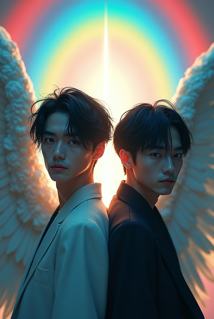 Japanese men、Mysterious face、2、Beautiful angel wings、Background rainbow、Background white light、Eyes that seem to draw you in