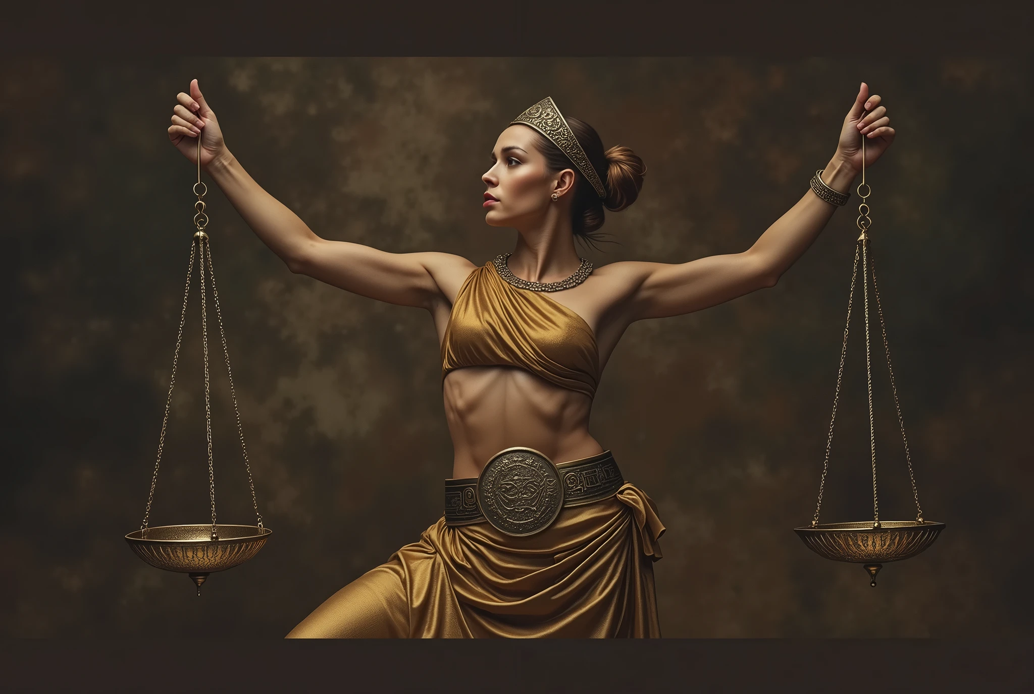 (((ultra realistic))) Photo, masterpiece, top quality, (Pale skin), (Ultra detailed face and eyes.:1.3), A hyperrealistic image of a woman representing the zodiac sign of Libra, Captured in a classic and elegant style. The woman has a strong and balanced posture, similar to a goddess of justice, with arms outstretched holding an antique golden scale, intricately designed, that reflects light gently. His expression is serene and determined, with a touch of authority and grace. His body is slightly tilted to one side, with one leg forward, creating a perfect balance in the composition of the image. He wears a golden robe draped around his body., that falls gently in elegant folds, similar to classical Greek style. The tunic is adorned with embossed details of geometric patterns., emphasizing the symbolism of justice and balance. The fabric shimmers subtly under the lighting, highlighting the rich texture and details of the design. The woman is wearing a golden tiara that fits perfectly over her hair., which is gathered in a low bun with some loose strands, giving it a majestic air. A wide belt with a central medallion, decorated with Libra symbols, girds his waist, adding a touch of power and symbolism to his figure. The gold and bronze tones in her clothing and accessories contrast with the dark, textured background., evoking an ancient and timeless atmosphere. The background of the image is dark, with brown and gold tones that mimic an aged canvas texture, creating a classic and solemn atmosphere. The lighting is warm and directed, highlighting the muscular lines of his arms and the contour of his face, while maintaining a soft shadow that adds depth to the scene. The scales he holds in his hands are detailed and ornate., symbolizing balance and justice, central elements of the Libra sign