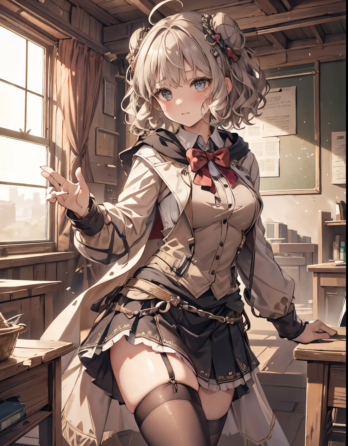 masterpiece, 1girl, sparrow, a silver haired girl, wearing a magic school clothes, curly short hair, messy hair, slim body, he close her left eye, shirt ornament, ruby eyes, ahoge, baby face, bige breast, beautiful breasts, rounded breasts, long sleeves, beautiful eyes, white stocking, droopy eyes, skirt, black skirt, plaid skirt, her age is 1, bowtie, flared skirt, tight shirt, skirt, nilou (genshin impact), disappointed face, short hair, curly hair, wearing brown wizard capelet with hoody, standing, medieval classroom, hair bun, angry face