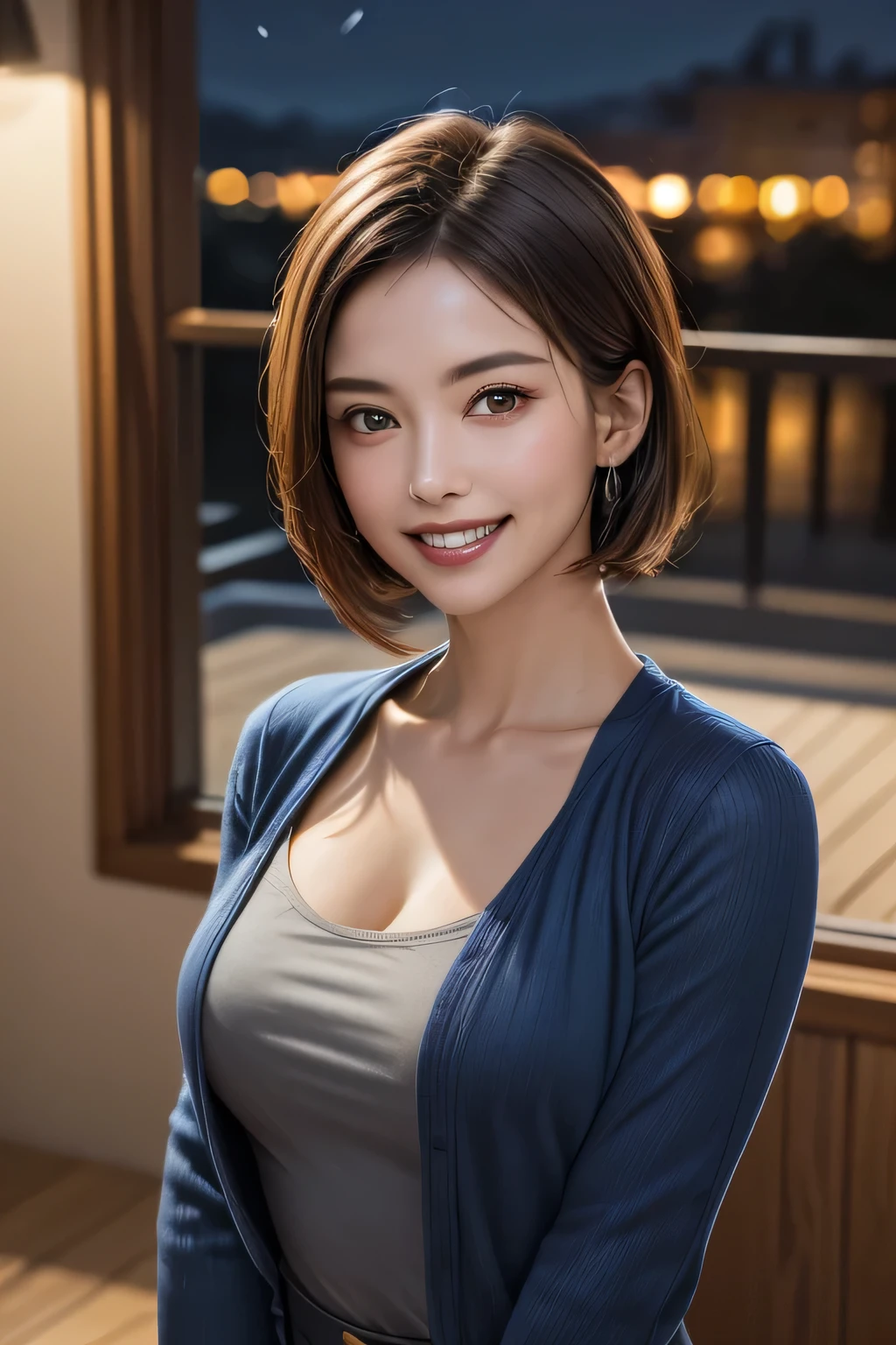 (highest quality, 8k, 32K, masterpiece), (Realistic), (Realistic:1.2), (High resolution), (night:1.7), Japan, cyber punk, 街の景Farbe, In front of the window,Wooden floor, Blue jacket, Grey Shirt, clavicle, jewelry, gem, Brunette Bob, 1 female, 4, (Grin), Beautiful body, beautifulNose, beautifulcharacter design, Perfect Eyes, perfectface, Expressive eyes, View your audience, Center the image, (Cowboy Shot), Official Art, Very detailed CG Unity 8k wallpaper, Perfect lighting,Farbeful, bright_front_face_Lighting,Glowing Skin, (masterpiece:1.0),(Highest_quality:1.0), 超High resolution,4K,Very detailed, photograph, 8k, High resolution, High resolution, absurdes:1.2, Kodak Port 400, Film Grain, Blurred Background, bokeh:1.2, Lens flare, (Vibrant_Farbe:1.2) (beautiful,chest), (beautiful_face:1.5),(narrow_Waist)