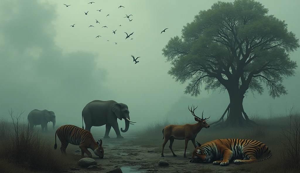"Animals start falling one by one due to the poisonous air. The rabbit is slumped in place, the deer lies unconscious on the ground, and the elephant's trunk hangs down. The tiger has also fallen weak under a tree. Birds are falling from the sky. The whole scene is filled with sadness and silence."