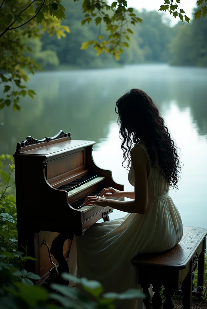 Profile photo of a woman's silhouette from the back,
long black curly hair, playing organ in the nature lake