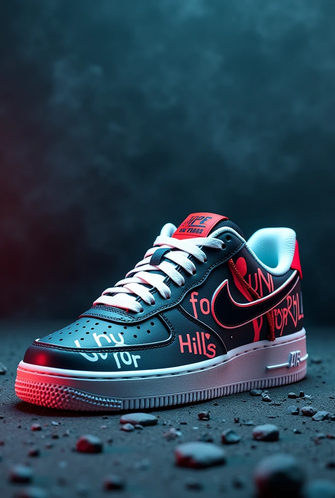 design for me an air force 1 show. Make it a Tate mcrae ( the singer) theme from the video run for the hills on youtube design colored by dark blue, white, black and red with the text: run for the hills. I want another text: T8.