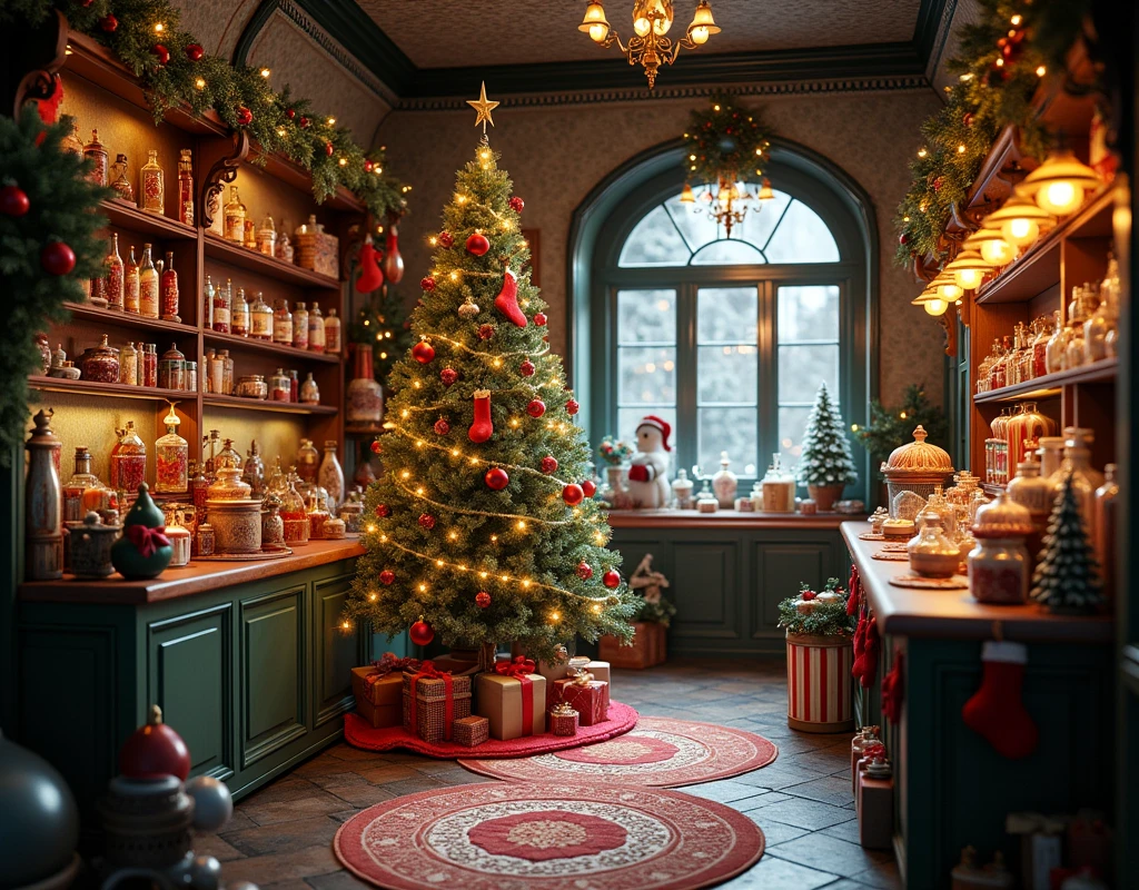 There is a room with Christmas decorations and a Christmas tree, Santa's workshop, inside an old magic shop, inside an old magic candy shop, in a potion shop, global lighting. vfx, rendering in maya and houdini, thomas kinkade. cute and cozy room, rendered in an unreal engine”, fantasy style octane 8k render, located in a magician's shop,without people