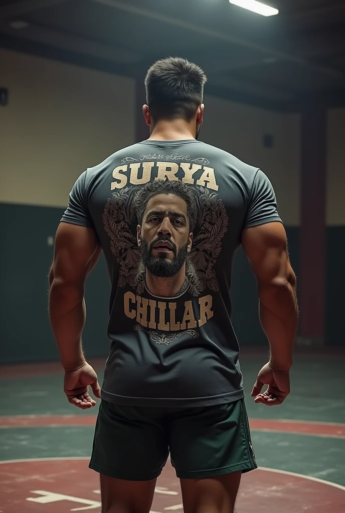 A man do workout in wrestling mat her face is like a desi boy
He wear the t shirt print her name is surya chhillar
He stand back side face
Her face is back side
Her back is front side