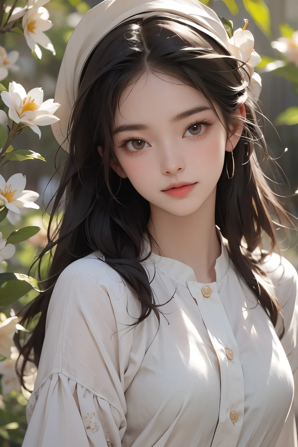 Very beautiful girl, (A smile that makes everyone around you happy)、Beautiful and fair、Beautiful Skin、Glowing Skin, bright, Refreshing and gentle look, Perfect beautiful face、Beautiful shiny bangs, Small breasts，((Sargent-style watercolor))、(Highest quality、masterpiece)、Soft Light、Indoor Botanical Garden、dome、(Lots of flowers)、Garden with fluttering petals、