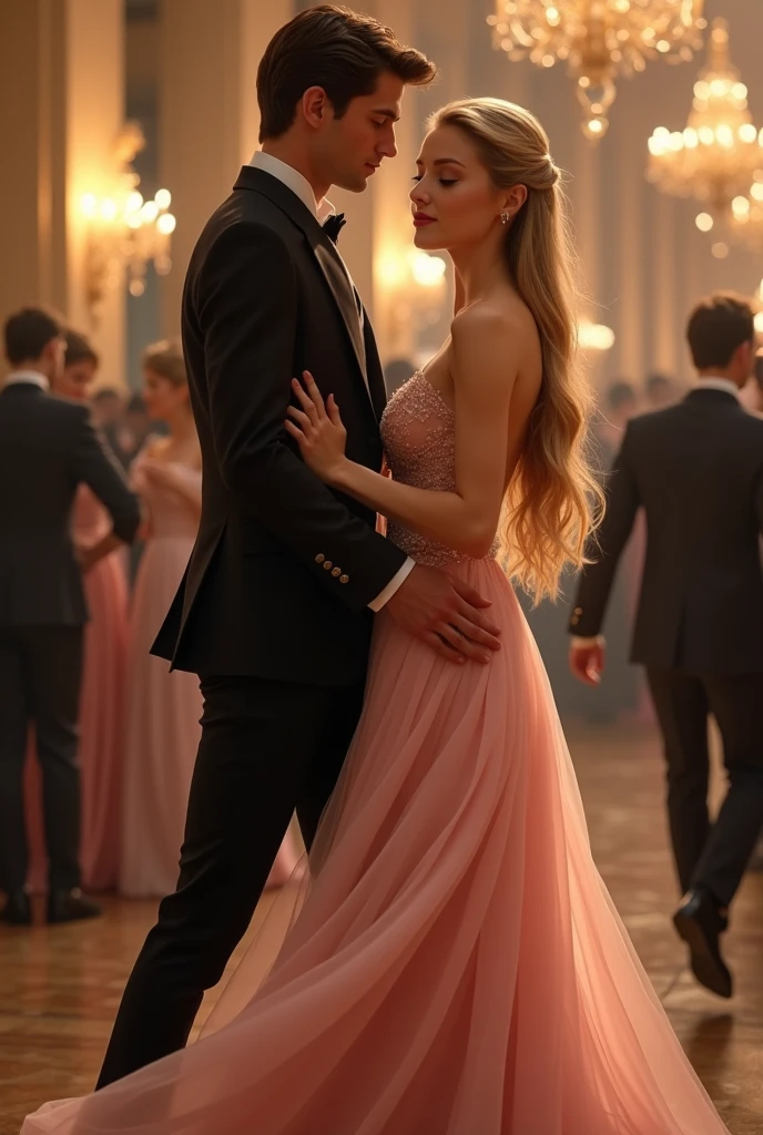 A realistic picture of a beautiful young girl of twenty years and a handsome young boy of twenty years dancing together hand in hand on a ball party. The girl has long blond straight hair and fair complexion. She is wearing a light pink ball gown. The gown has a thin strap on shoulder. She has hazel eyes. The boy is fair complexion and dark brown hair. He has brown eyes. He is wearing a black suit and has clean shaven face.