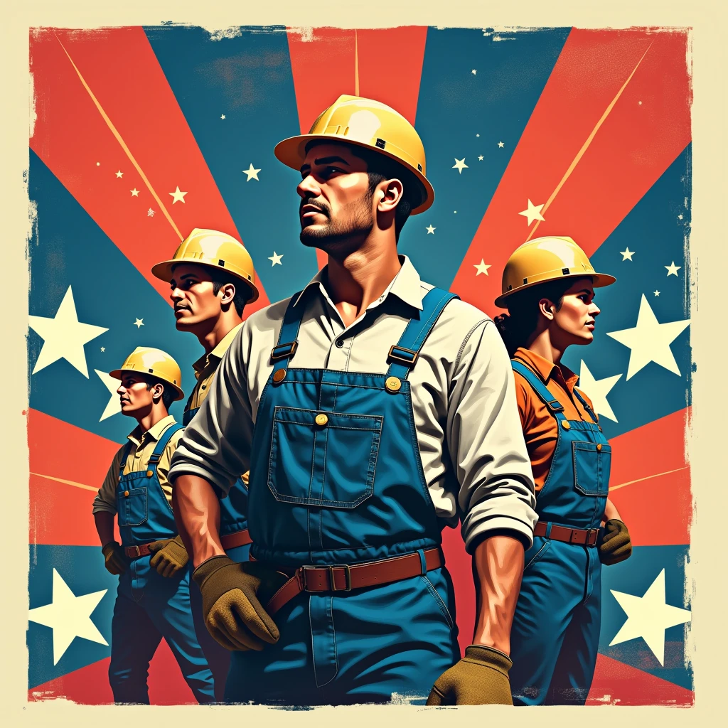 A retro-style poster celebrating Labor Day, with stylized workers in overalls, hard hats, and gloves, set against a red and blue background with strong lines and bold text.