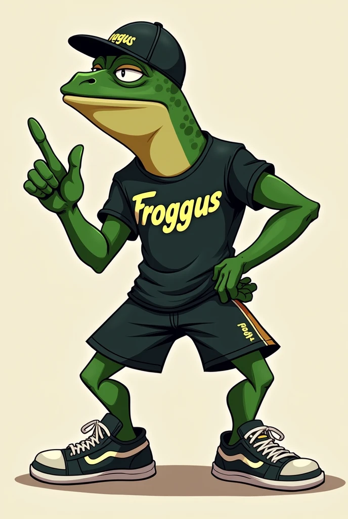 Human black frog from back looking back, with athletic body, meme style, wearing cap, Froggus t-shirt, shorts and sneakers, showing middle finger