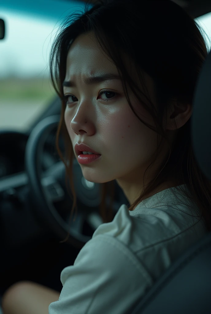 Generate a 3d high resolution image of a woman crying in a car. She should have tears and should look depressed