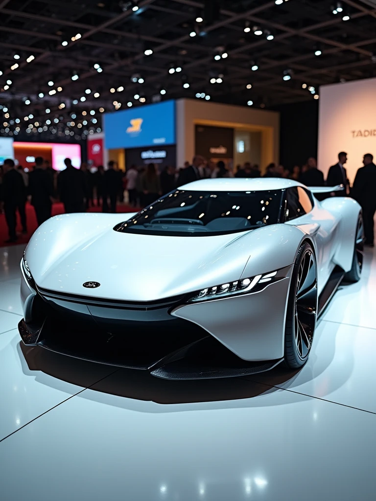 Real brand concept car in auto expo, include hyper realism, hd, 4k.