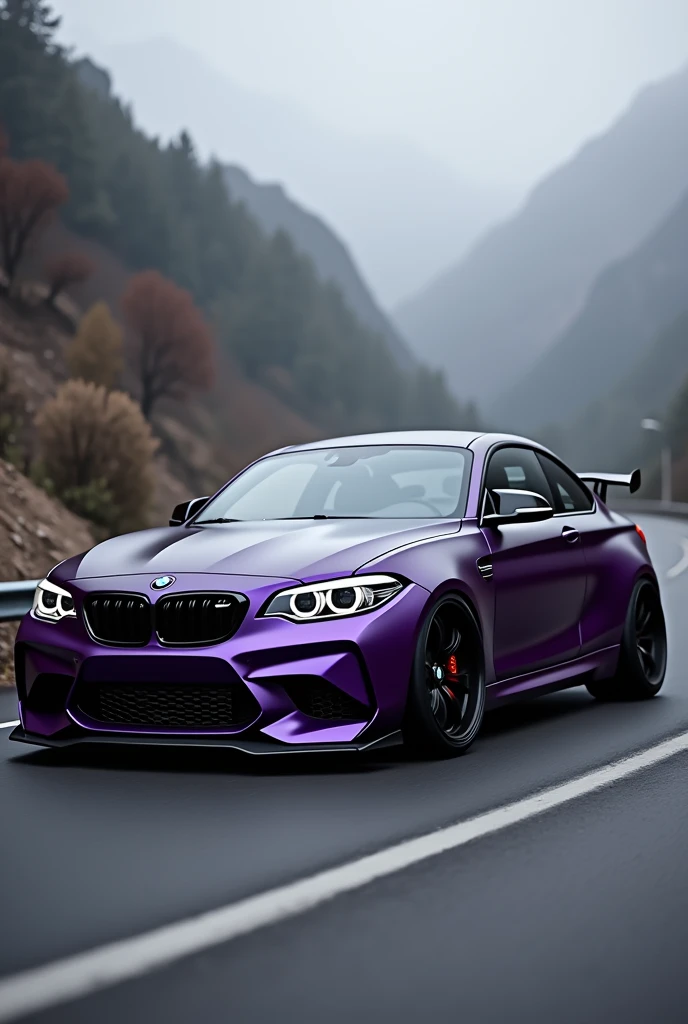 A low bumper BMW m2 in the color of dark purple mate and with a spoiler