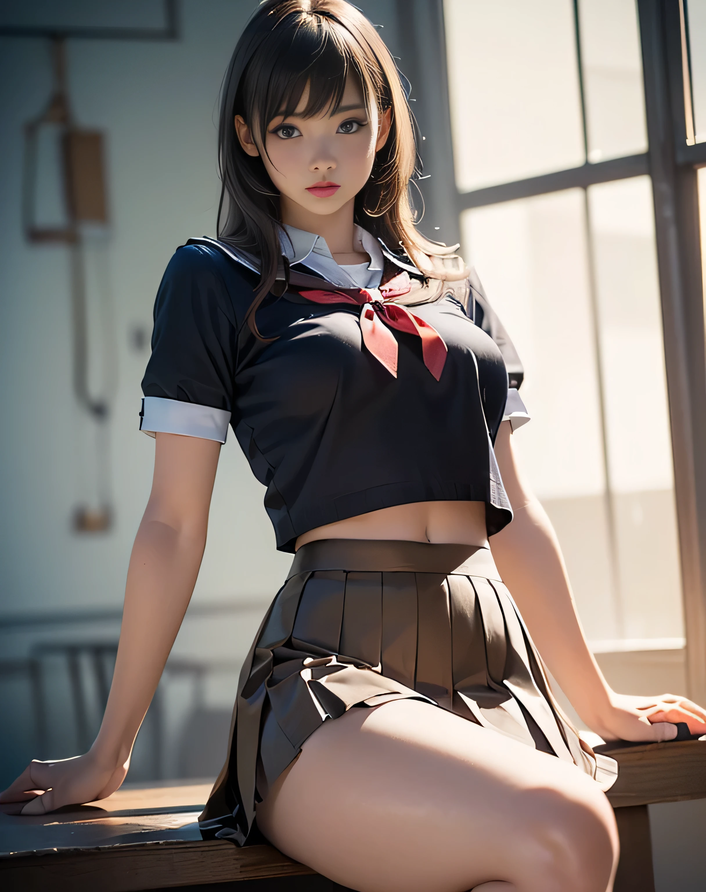 (best quality, 8k, highres, photorealistic:2.0), (solo, one girl:2.0),(lighting: strong),(lighting: front),(very muscular girl:2.0),(bodybuilder girl:1.5),(shiny skin:1.5),(short hair:1.5),(brown hair color:1.5),(Squat down on one knee and spread your legs apart.:1.5),(raise both arms behind your head:1.5),(black loafers:1.5),((school uniform)),(white collar shirt),(long sleeve shirt),tight shirt,((ribbon bow tie:1.1)),(white socks),((blue pleated skirt)),((Wearing white panties)),((feel amazing ecstasy:1.6)),Japanese high school girl, Location at high school, very beautiful girl, 