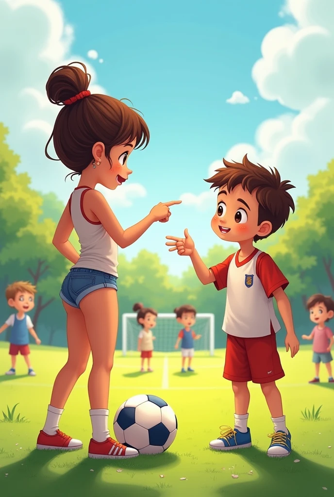 illustration, girl in underwear, pointing at a skinny 7-year-old bo sporear on a soccer field, surrounded by other children