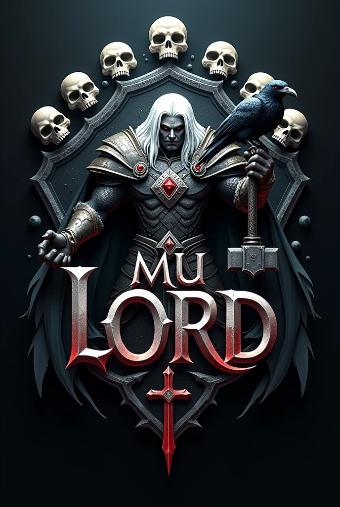 A striking and dark logo for "is it online" introducing the character "Darklord", a powerful white-haired warrior with an intense and frightening gaze. He is adorned with beautiful armor, wielding a huge hammer in one hand and holding a perched crow in the other. Behind him, a menacing shield displays several skulls, adding to the eerie atmosphere. The main focal point of the image is the bold “MU Lord” typography in 3D style., effectively capturing the essence of the game.