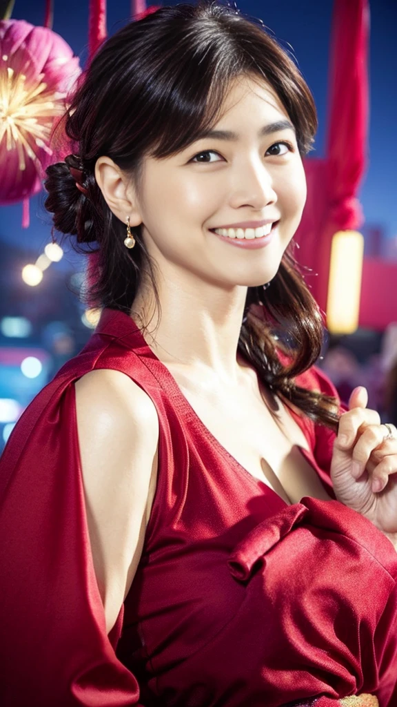(8k,Ultra-high resolution,Highest quality,masterpiece,Realistic,Ultra-high resolution,High-quality RAW color photos,Professional photos,Realistic,Realistic),Natural skin texture,Fine skin,Hyperrealism,Intricate details,Adult women,Eye highlights,Glossy Lips,(Cute smile,Black hair chignon),((gigantic breast,Big Breasts)),(((Peony pattern red yukata,geta))),(((Night Sky,Summer festival,firework,crowd)))Warm lighting