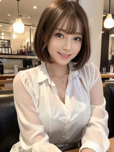A beautiful Japanese shy girl, short brown hair, brown big eyes, shiny lip, shiny hair, ecstatic expression, in cafe, she is sitting sofa, lanch on the table, The background is very blurry, wearing white blouse,