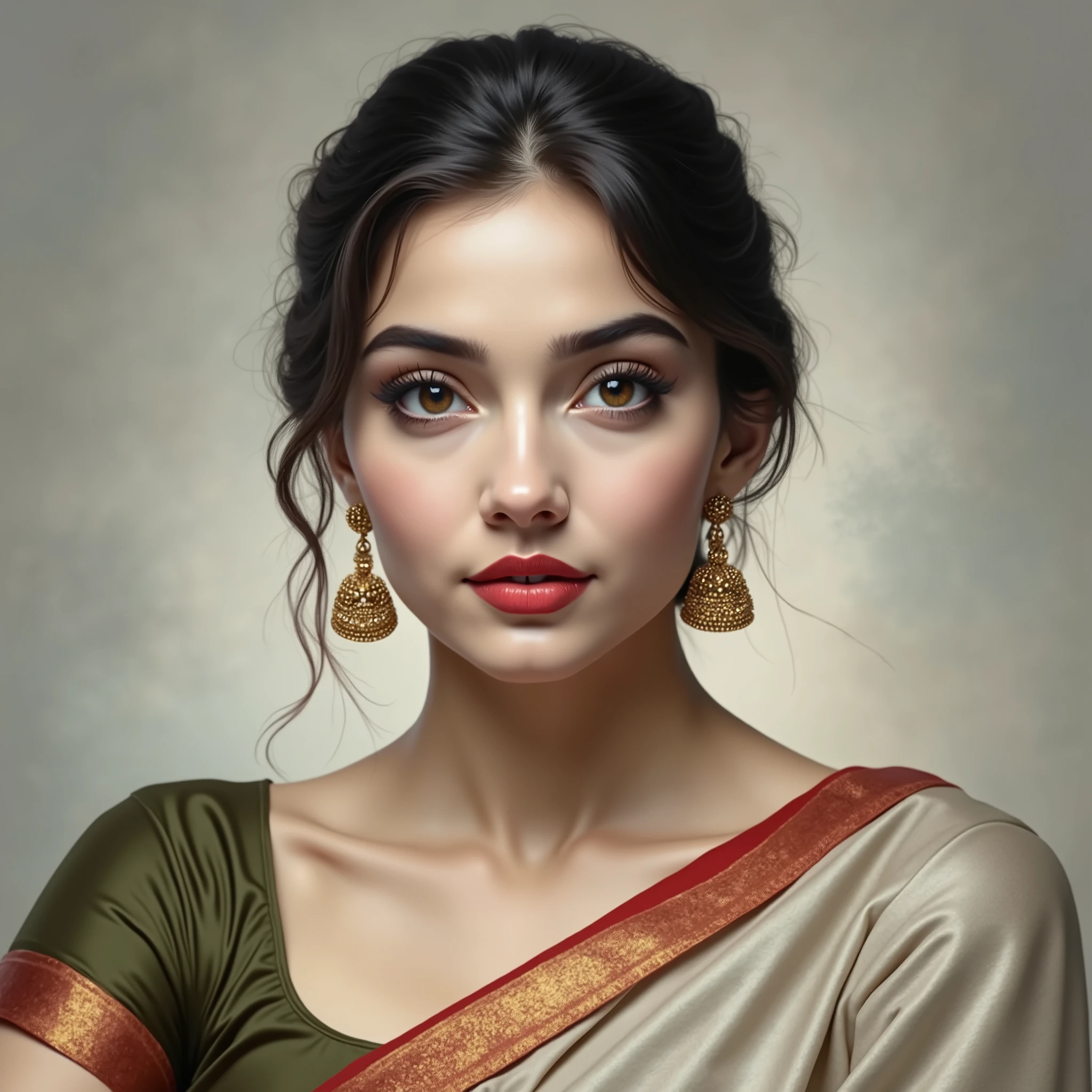 Take her skin complexion to near golden,make her lips red and little less bulkier,make her saree red in color,make her nose symmetrical