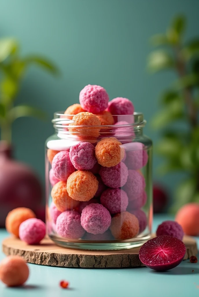 create an image of a nutritional product, It is a pre-workout made from natural products, Among them: grape flour, ginger powder, guarana powder, beet powder and gelatin to give shape and color. Its shape will be in rubber with rounded shapes., in a packed jar
