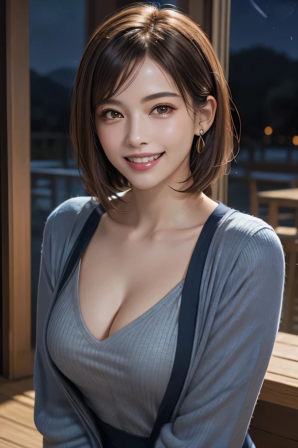 (highest quality, 8k, 32K, masterpiece), (Realistic), (Realistic:1.2), (High resolution), (night:1.7), Japan, cyber punk, 街の景Farbe, In front of the window,Wooden floor, Blue jacket, Grey Shirt, clavicle, jewelry, gem, Brunette Bob, 1 female, 4, (Grin), Beautiful body, beautifulNose, beautifulcharacter design, Perfect Eyes, perfectface, Expressive eyes, View your audience, Center the image, (Cowboy Shot), Official Art, Very detailed CG Unity 8k wallpaper, Perfect lighting,Farbeful, bright_front_face_Lighting,Glowing Skin, (masterpiece:1.0),(Highest_quality:1.0), 超High resolution,4K,Very detailed, photograph, 8k, High resolution, High resolution, absurdes:1.2, Kodak Port 400, Film Grain, Blurred Background, bokeh:1.2, Lens flare, (Vibrant_Farbe:1.2) (beautiful,chest), (beautiful_face:1.5),(narrow_Waist)