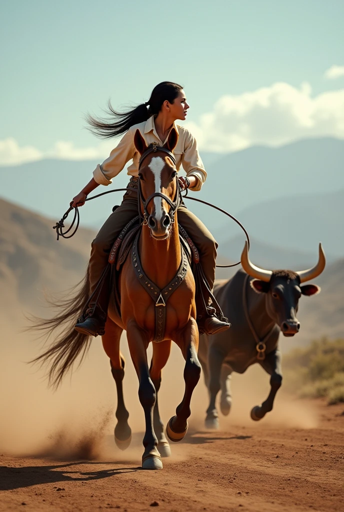 Brazilian woman wearing men's gaucho bombachas and boots and riding a Creole horse, running and throwing a lasso at a hornless bull