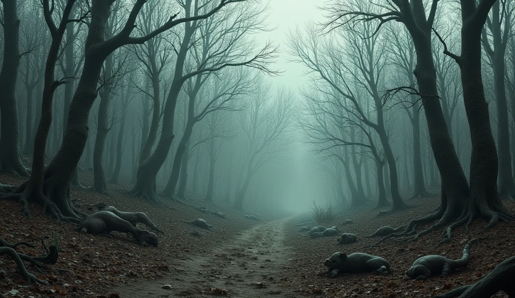 
"The whole forest looks desolate and desolate. Where once there was an abundance of life, now only dry leaves of trees and lifeless animals fallen to the ground are visible. The air smells of poison and the trees stand lifeless. There is silence and desolation everywhere."
