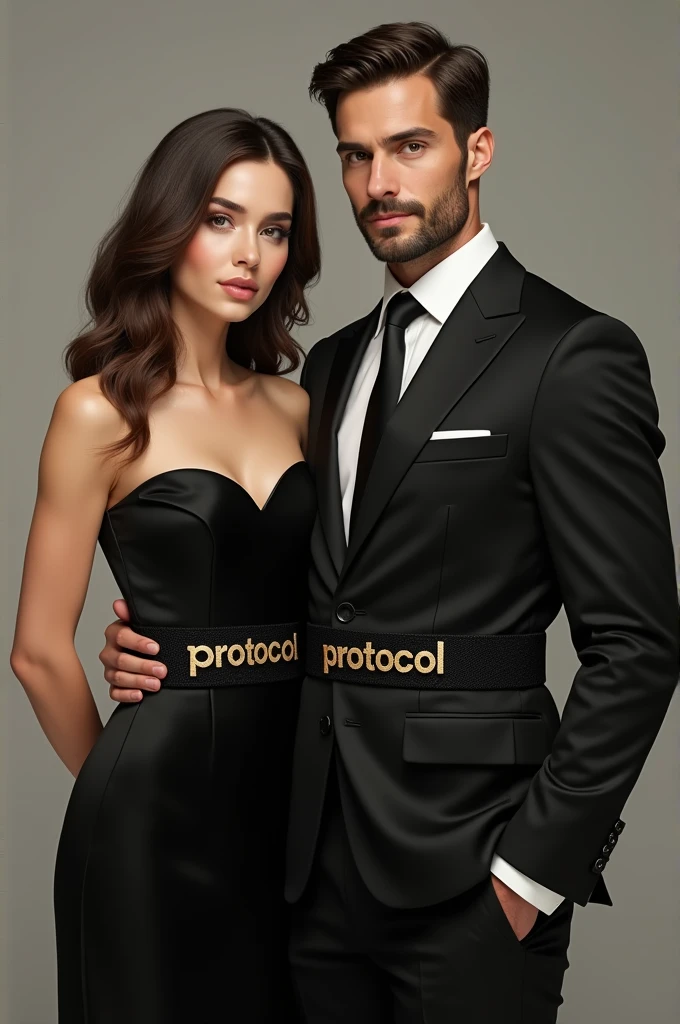 Create a man and a woman dressed formally with a black belt that says protocol in gold letters
