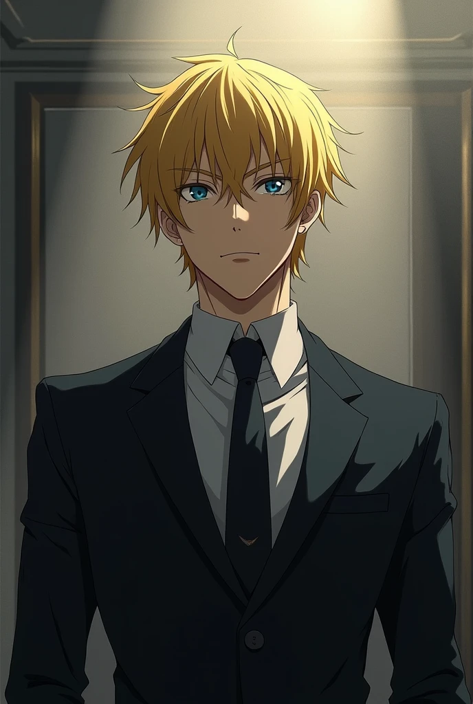 A serious anime character, imposing and with evil tendencies, blond with his hair well combed, born in 2002, likes to dress very well