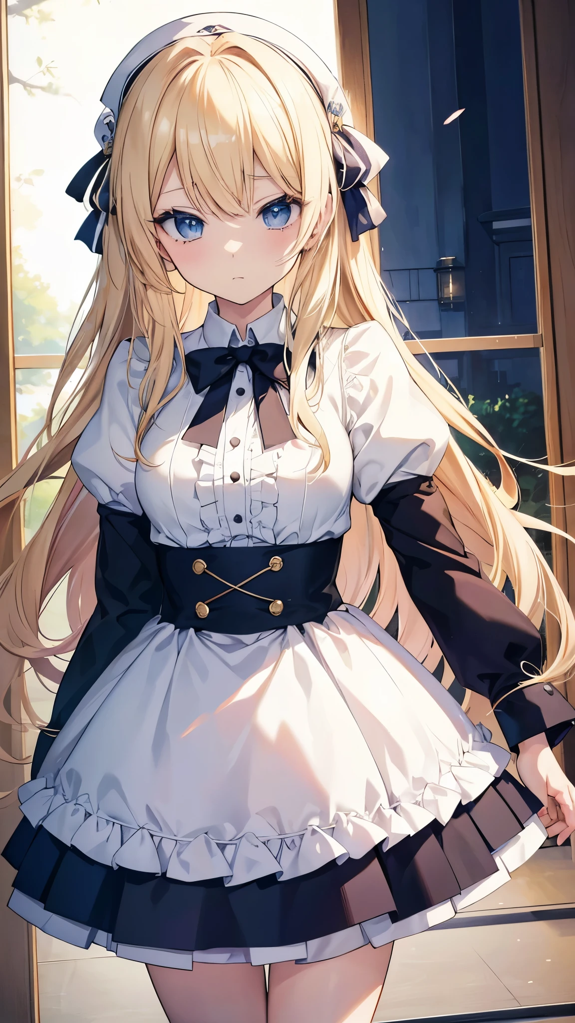 長いblondeの髪と制服を着たアニメのが写真のポーズをとっている ((masterpiece、Highest quality、Very detailed))、one person's、Improve、blonde、Long Hair、Wavy Hair、Grey Eyes、Wicked Smile、((Grin))、lip、((there are a lot of earrings))、Large Breasts、Cleavage、A bow tie、((White shirt))、((Black pleated skirt))、bracelet、Cowboy Shot、Urban Background