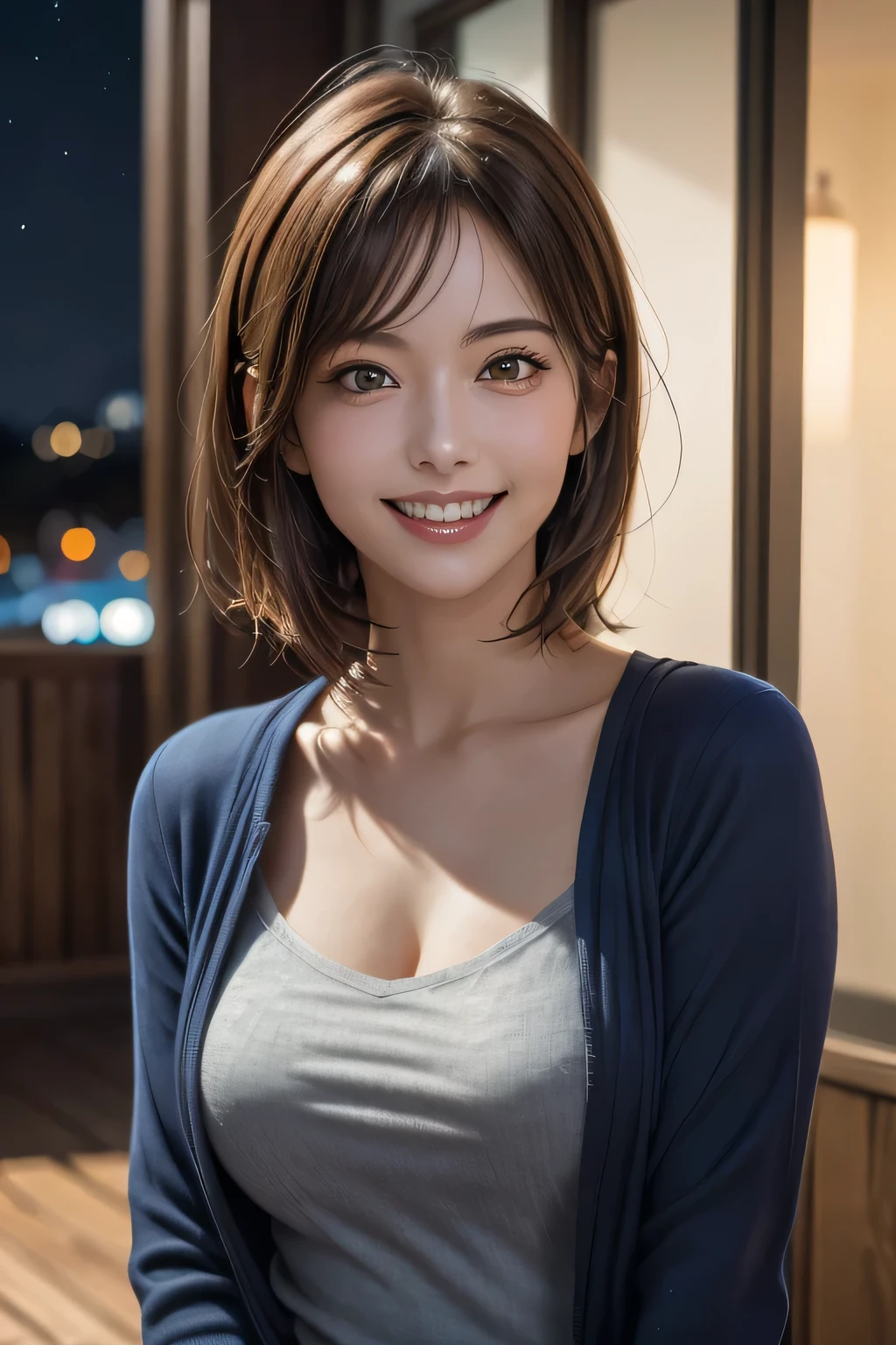 (highest quality, 8k, 32K, masterpiece), (Realistic), (Realistic:1.2), (High resolution), (night:1.7), Japan, cyber punk, 街の景Farbe, In front of the window,Wooden floor, Blue jacket, Grey Shirt, clavicle, jewelry, gem, Brunette Bob, 1 female, 4, (Grin), Beautiful body, beautifulNose, beautifulcharacter design, Perfect Eyes, perfectface, Expressive eyes, View your audience, Center the image, (Cowboy Shot), Official Art, Very detailed CG Unity 8k wallpaper, Perfect lighting,Farbeful, bright_front_face_Lighting,Glowing Skin, (masterpiece:1.0),(Highest_quality:1.0), 超High resolution,4K,Very detailed, photograph, 8k, High resolution, High resolution, absurdes:1.2, Kodak Port 400, Film Grain, Blurred Background, bokeh:1.2, Lens flare, (Vibrant_Farbe:1.2) (beautiful,chest), (beautiful_face:1.5),(narrow_Waist)