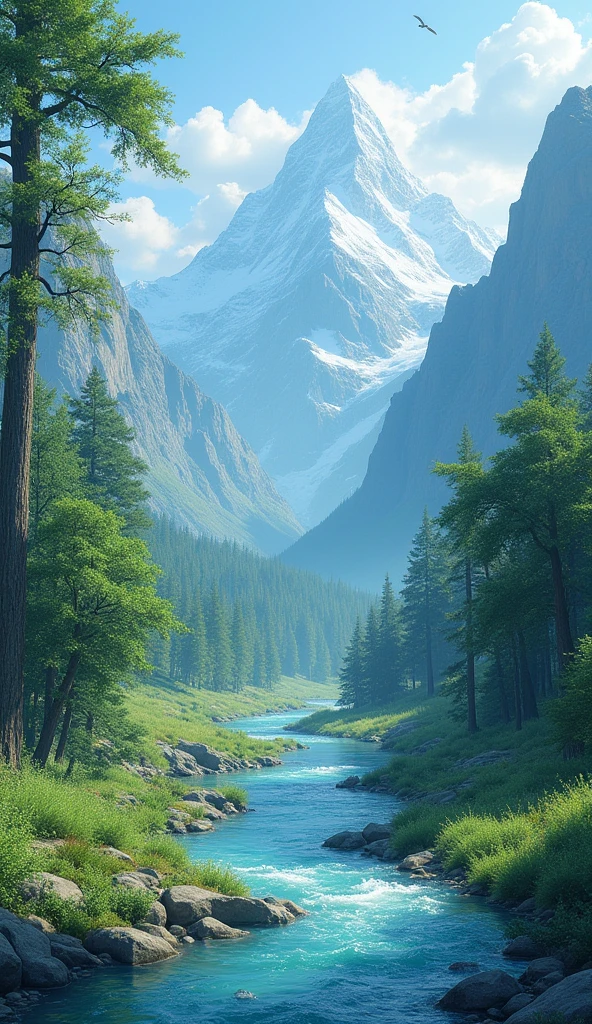 Scenic landscape with winding river and trees along the river, mountains in the background. Digital art.
