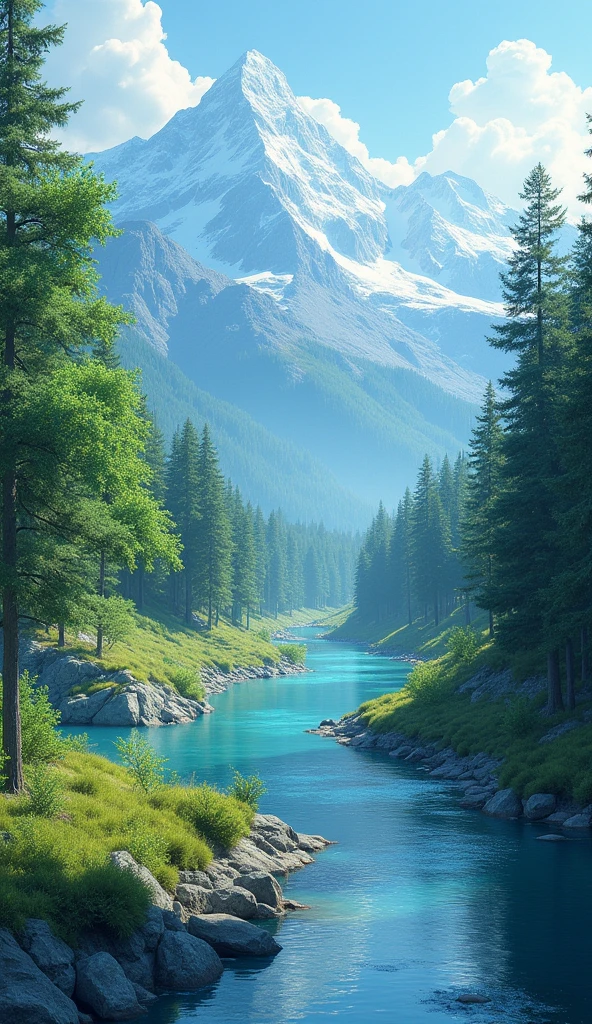 Scenic landscape with winding river and trees along the river, mountains in the background. Digital art.