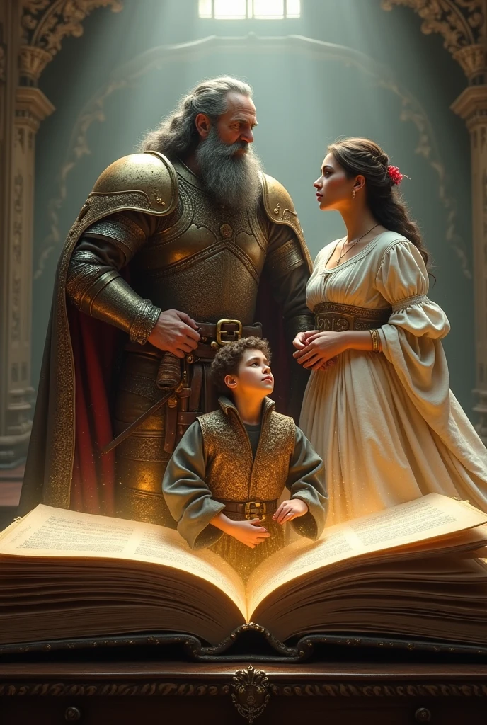 Create an image of Don Quixote, Sancho and Dulcinea emerging from a book