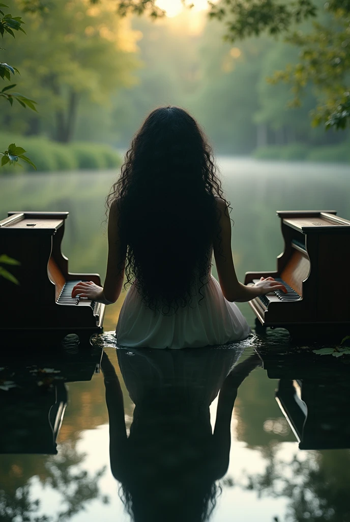 Profile photo of a woman&#39;s silhouette from the back,
long black curly hair, playing organ in the nature lake spring