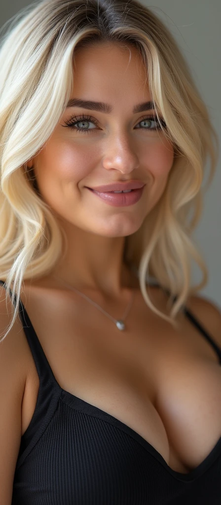 (((alena aenami))), (platinum blond hair), ((Portrait)), Beautiful Face, Smiling, Chubby Woman, wearing a tight tanktop, huge round breasts,