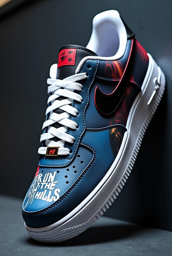 design for me an air force 1 show. Make it a Tate mcrae ( the singer) theme from the video run for the hills on youtube design colored by dark blue, white, black and red with the text: run for the hills. I want another text: T8.