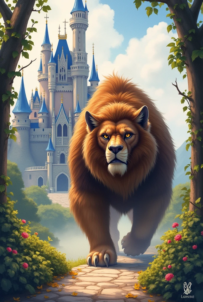 Has watercolor type,a beauty and the beast type beast roaming around his luxurious and classic disney type castle