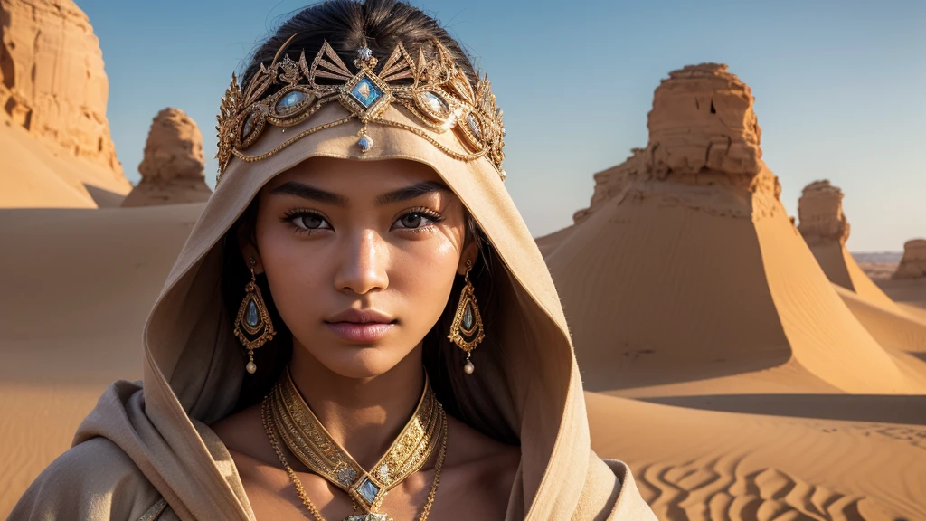 Create a highly detailed and realistic image of an 18-year-old Japanese girl as a desert nomad queen. She should be 180 cm tall, weigh 45 kg, and have a smooth, light complexion. Her straight, long blonde hair is pulled into a sleek, high bun with a desert-themed headpiece crowning her head. Her graceful, diamond-shaped face has high cheekbones, a small, delicate nose, and full, well-defined lips. Her large, expressive brown eyes feature detailed irises and long eyelashes. Her physique is athletic yet feminine, with big-sized, round breasts. She is dressed in a long, flowing robe with intricate patterns and a deep hood, the fabric catching the light in the desert sun. The desert should be depicted with intricate details—fine grains of sand, distant dunes, and a vivid horizon under a clear sky. The image should be ultra-high definition (4k, 8k) with soft, natural lighting to highlight her skin texture, hair shine, facial details, and the desert's texture.
