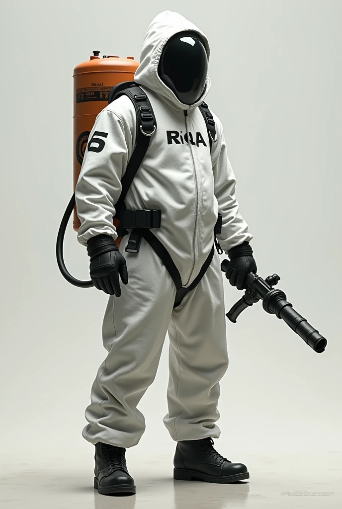 White Hazmate written RQA on it, holding a flamethrower